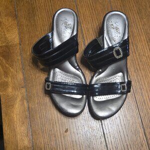 black rhinestone buckle wedges